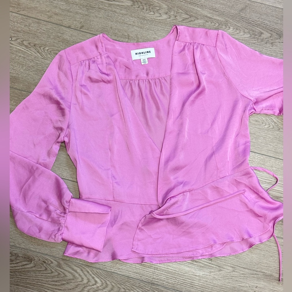 𝅺HIGHLINE Collective Pink Satin Wrap Peplum Top Blouse Sz.M